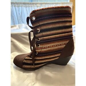 Women's EU 39 US 8–8.5 Brown Striped Textile Lace-Up Wedge Ankle Boots [M]